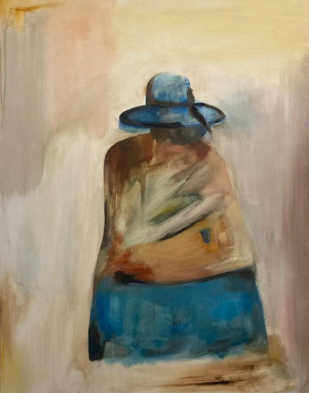 Vrouw met blauwe hoed: een vrouw met een blauwe hoed, een veelkleurige omslagdoek en een blauwe rok, van achteren gezien. Nog in wording.